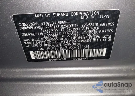 2021 Subaru Crosstrek Limited из США, поврежденный, VIN JF2GTHMC9M8681194